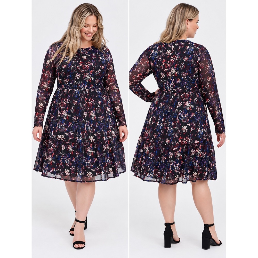 Torrid Dress Size 1X Black Dark Floral Mesh Tiered Ruffle Romantic Goth